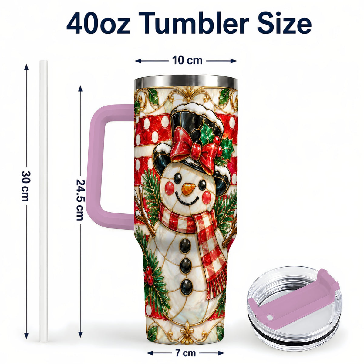 #pl[40oz|Pink] Ornate Snowman 40oz Tumbler with Handle, Poinsettia Travel Cup