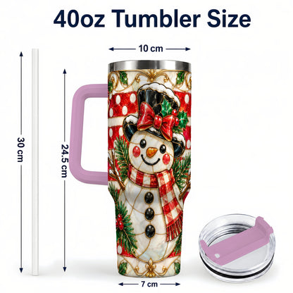 #pl[40oz|Pink] Ornate Snowman 40oz Tumbler with Handle, Poinsettia Travel Cup
