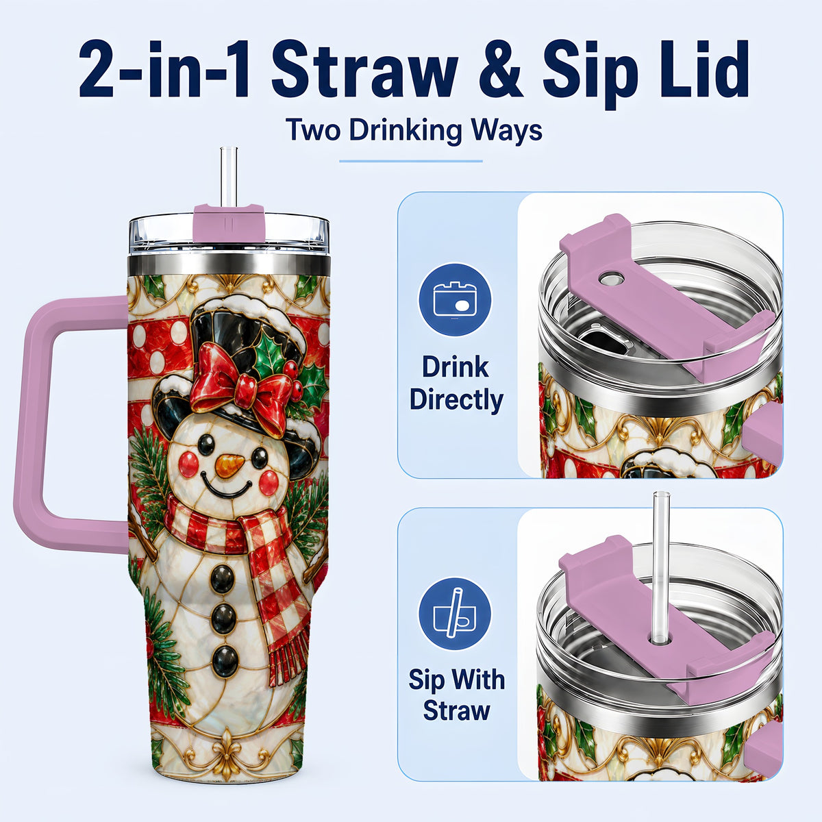 #pl[40oz|Pink] Ornate Snowman 40oz Tumbler with Handle, Poinsettia Travel Cup