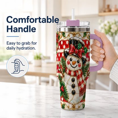 #pl[40oz|Pink] Ornate Snowman 40oz Tumbler with Handle, Poinsettia Travel Cup
