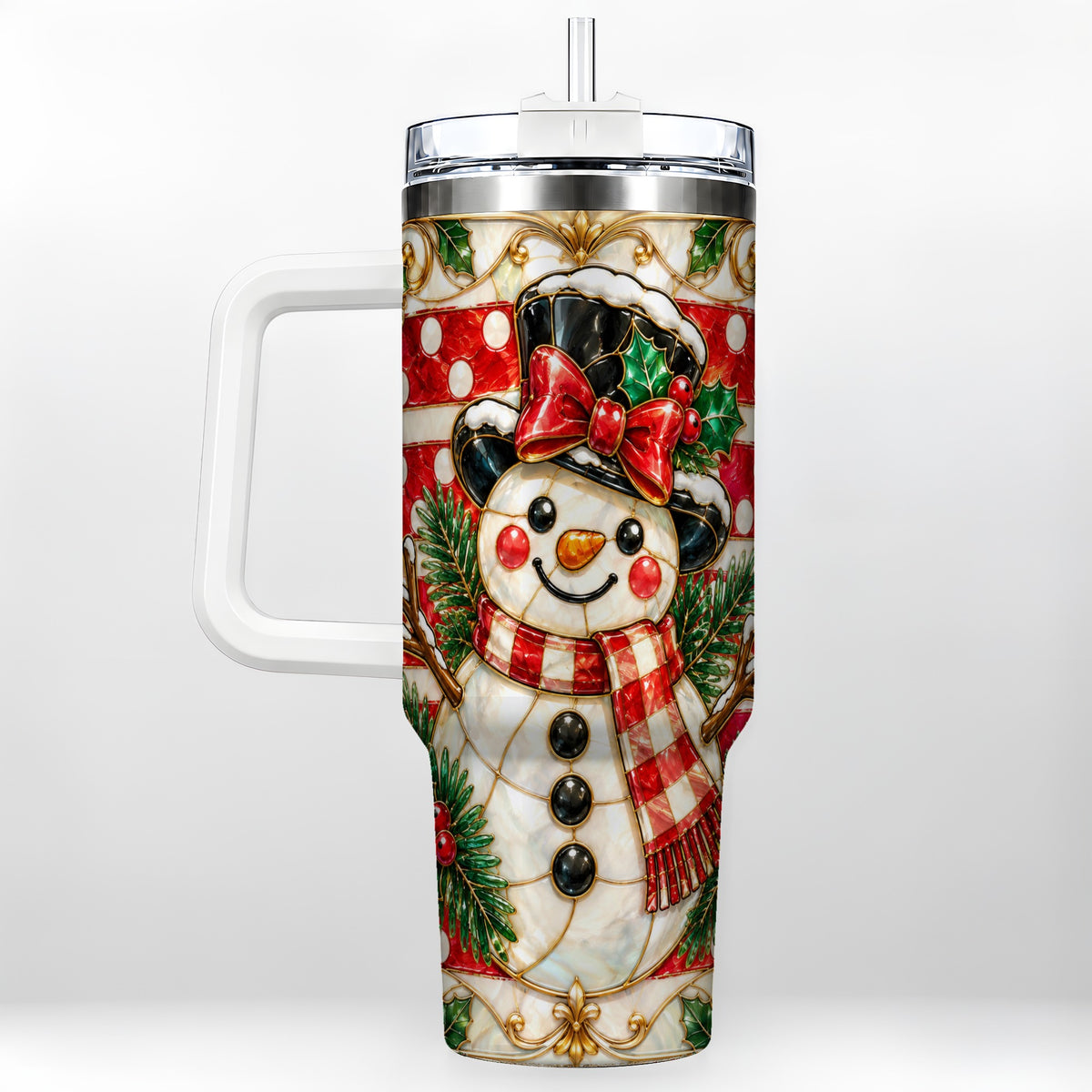 Ornate Snowman 40oz Tumbler with Handle, Poinsettia Travel Cup
