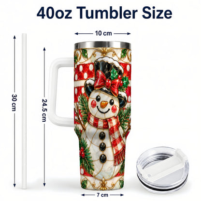 #pl[40oz|White] Ornate Snowman 40oz Tumbler with Handle, Poinsettia Travel Cup