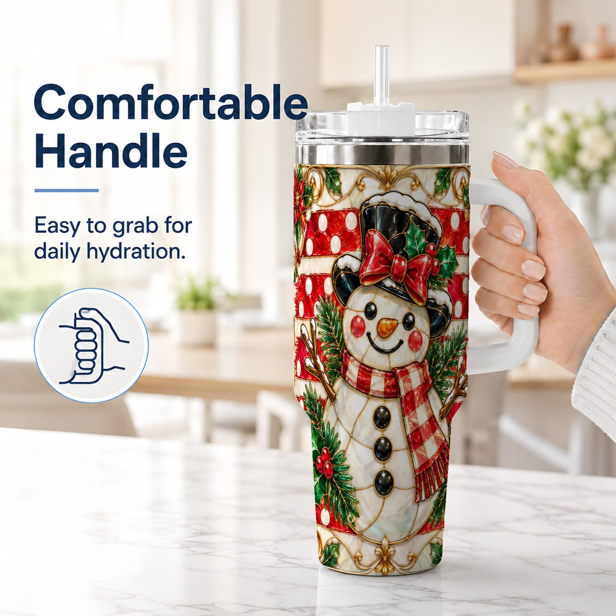 #pl[40oz|White] Ornate Snowman 40oz Tumbler with Handle, Poinsettia Travel Cup