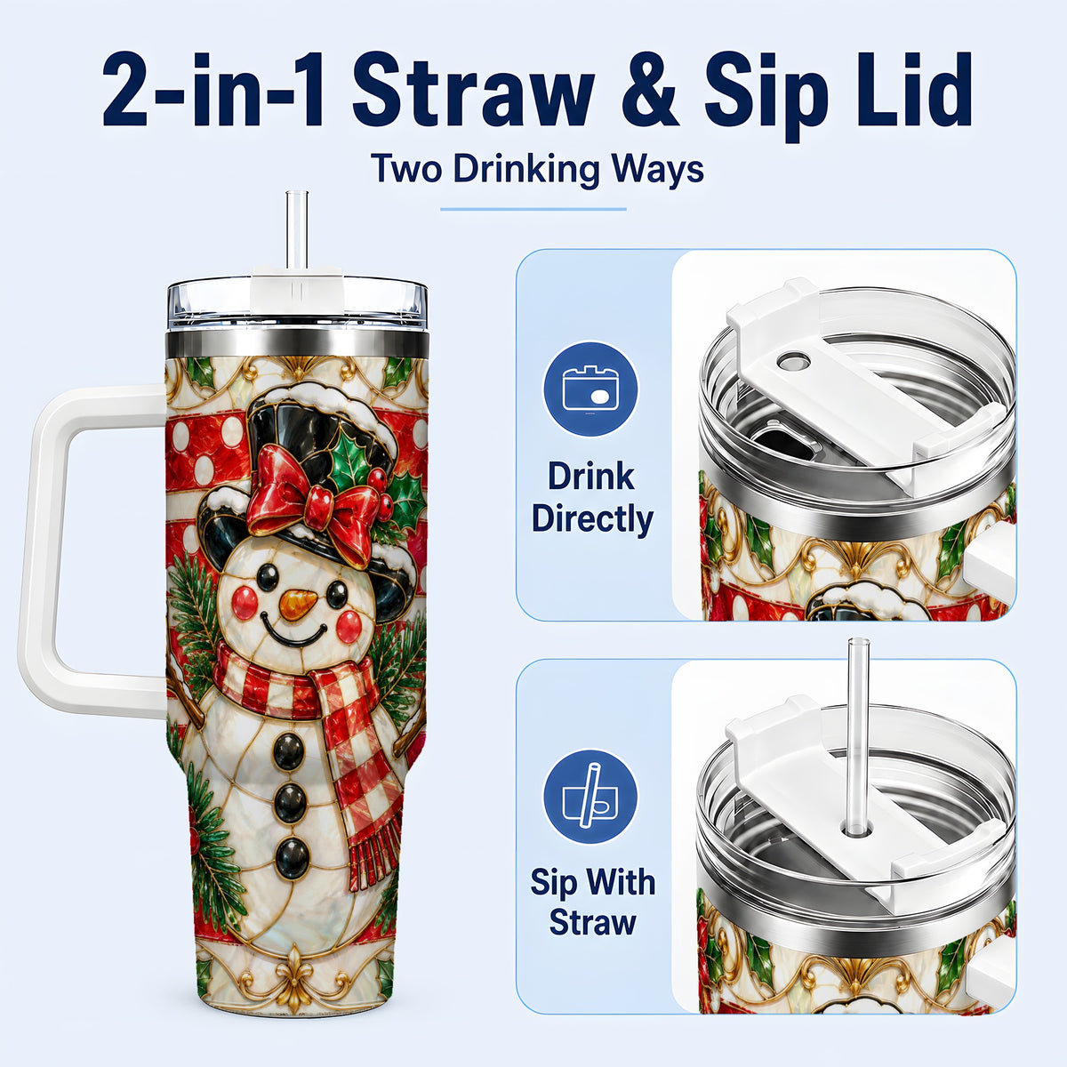 #pl[40oz|White] Ornate Snowman 40oz Tumbler with Handle, Poinsettia Travel Cup