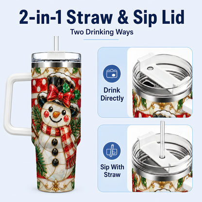 #pl[40oz|White] Ornate Snowman 40oz Tumbler with Handle, Poinsettia Travel Cup