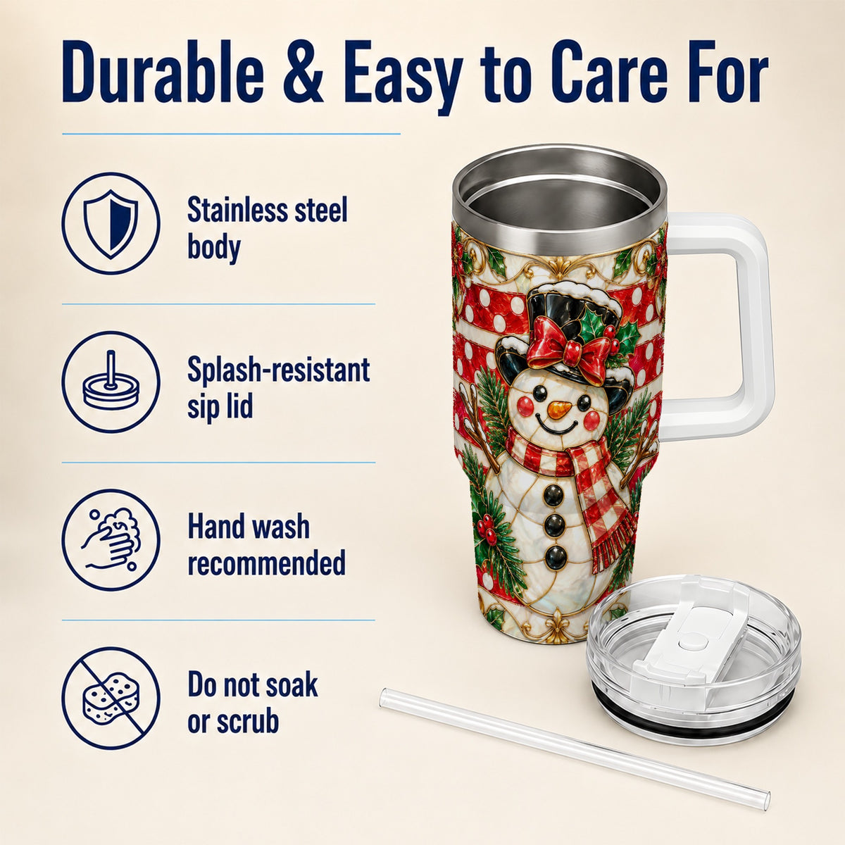 Ornate Snowman 40oz Tumbler with Handle, Poinsettia Travel Cup
