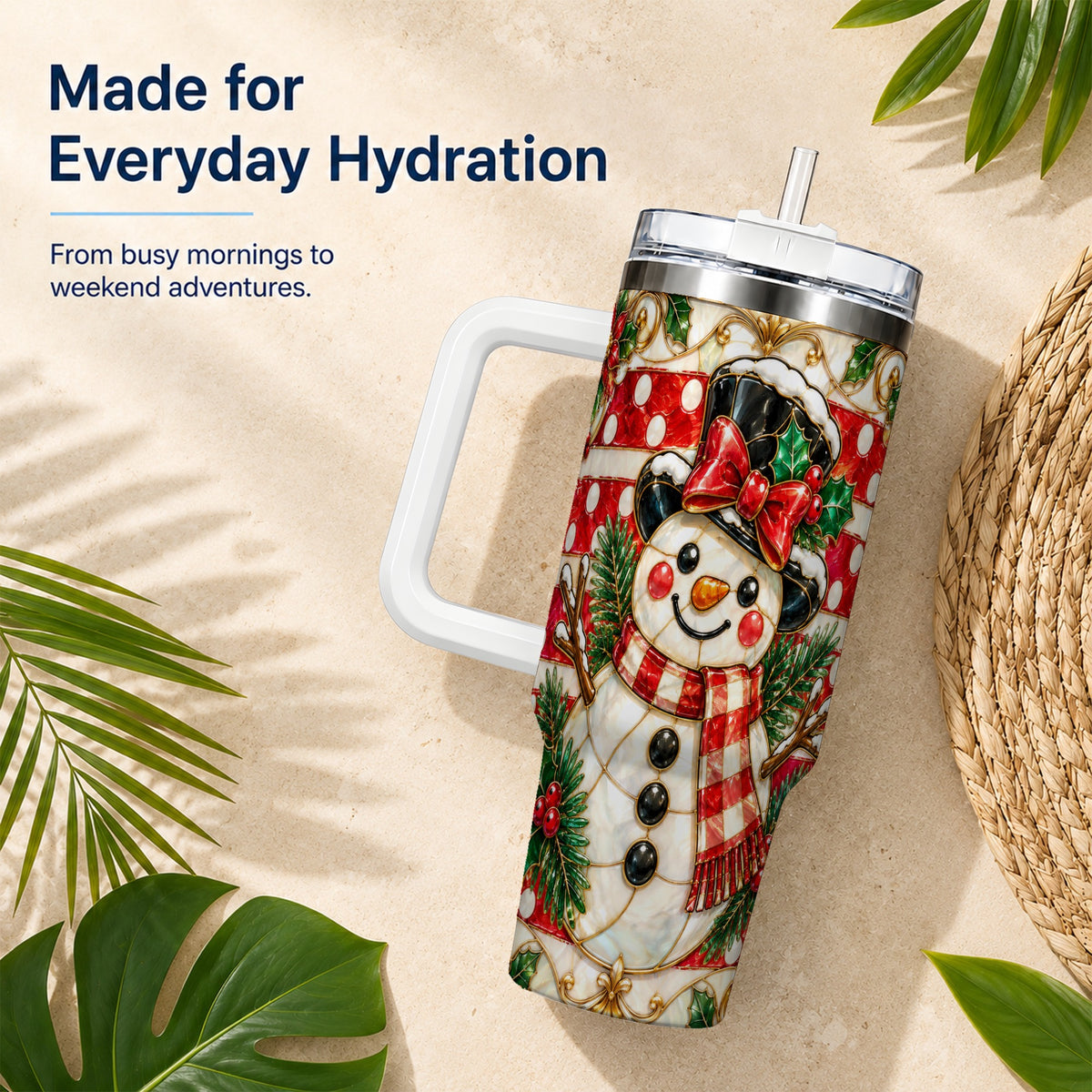 Ornate Snowman 40oz Tumbler with Handle, Poinsettia Travel Cup