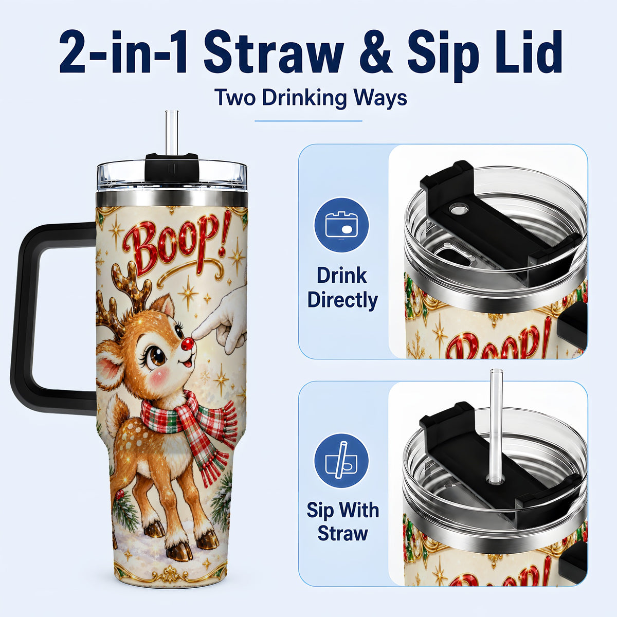 #pl[40oz|Black] Christmas Reindeer 40oz Tumbler with Handle, Cute Holiday Travel Cup