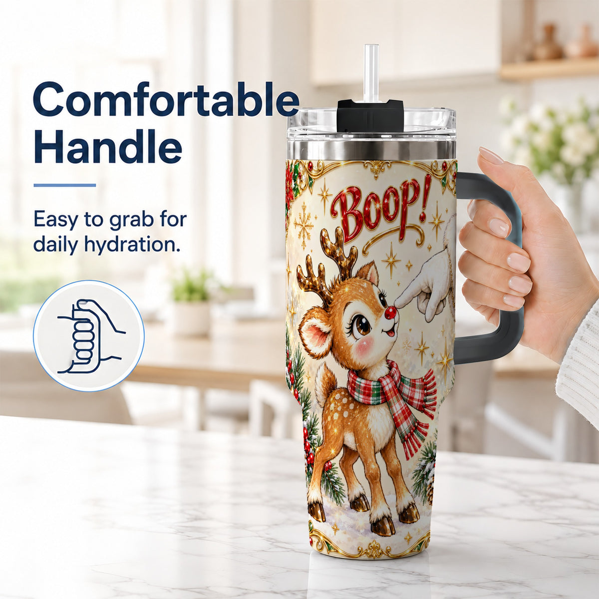 #pl[40oz|Black] Christmas Reindeer 40oz Tumbler with Handle, Cute Holiday Travel Cup