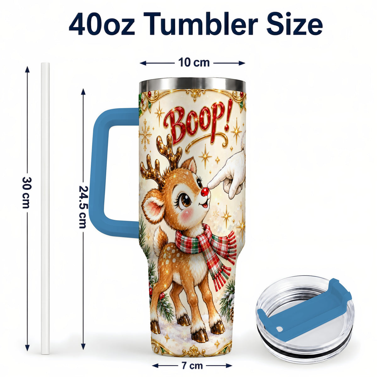 #pl[40oz|Blue] Christmas Reindeer 40oz Tumbler with Handle, Cute Holiday Travel Cup