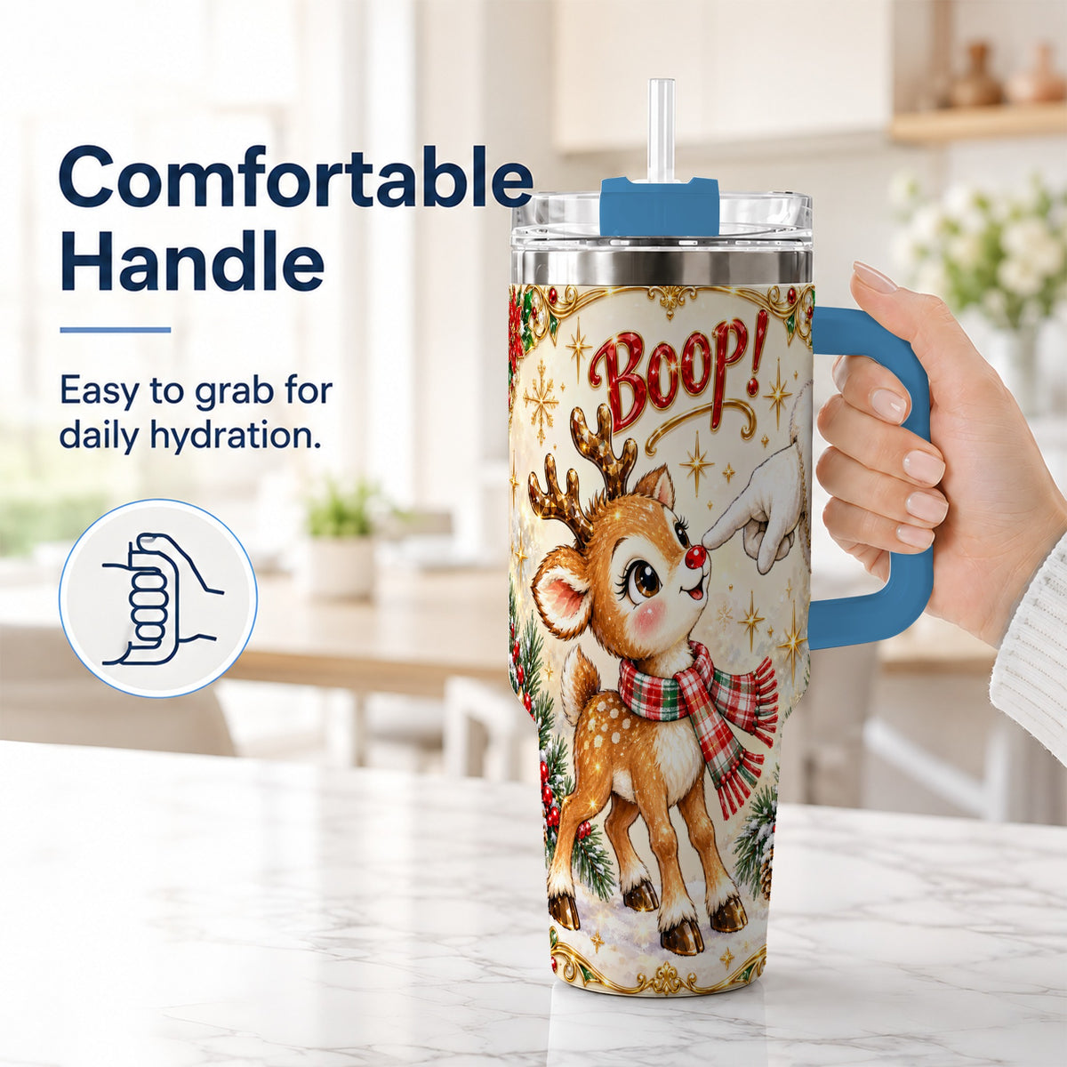 #pl[40oz|Blue] Christmas Reindeer 40oz Tumbler with Handle, Cute Holiday Travel Cup