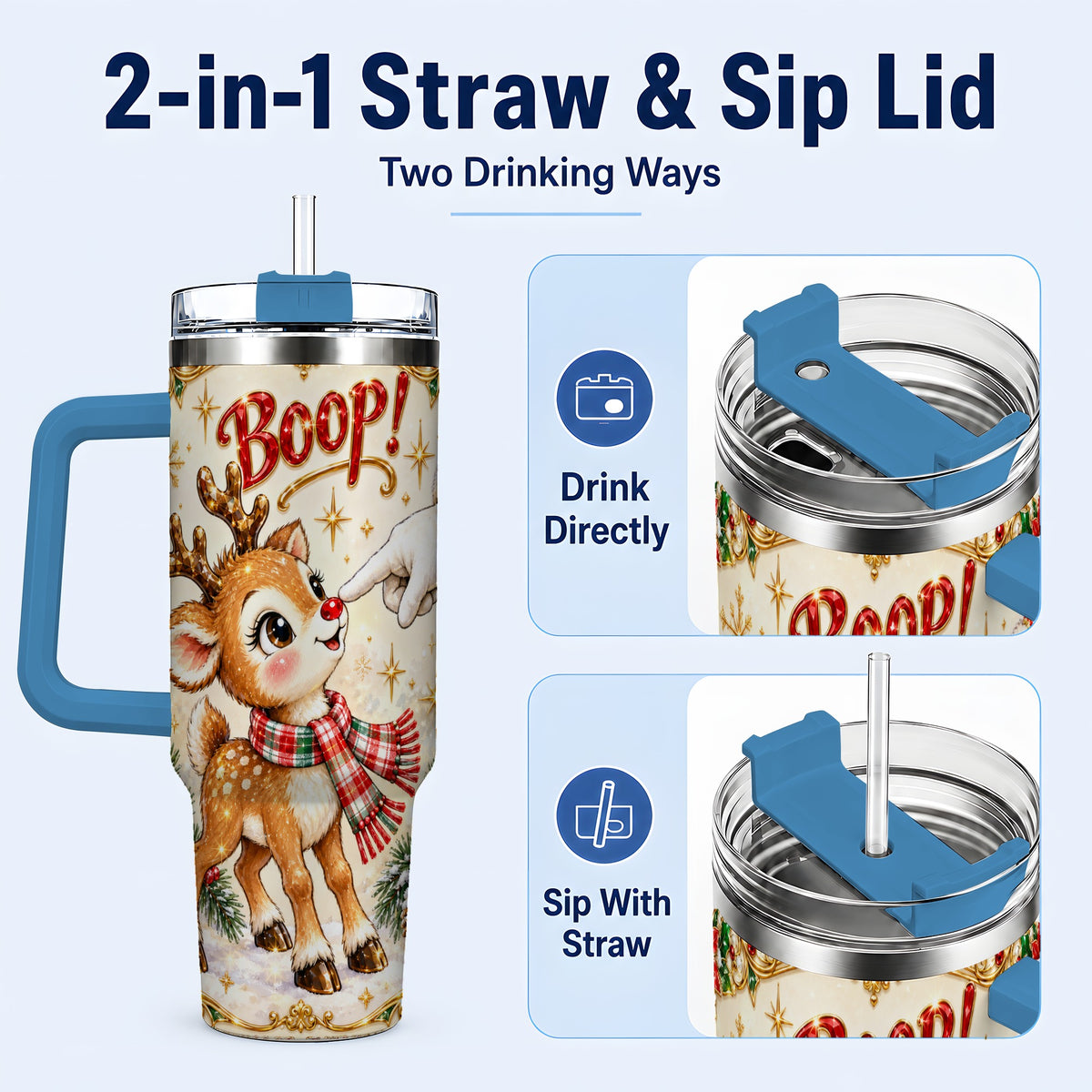 #pl[40oz|Blue] Christmas Reindeer 40oz Tumbler with Handle, Cute Holiday Travel Cup
