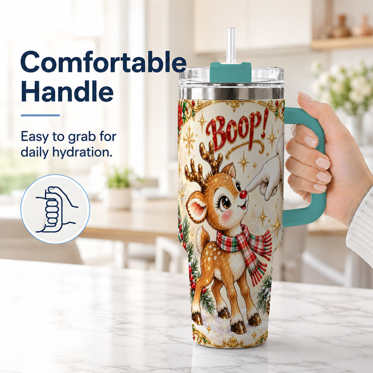 #pl[40oz|Green] Christmas Reindeer 40oz Tumbler with Handle, Cute Holiday Travel Cup