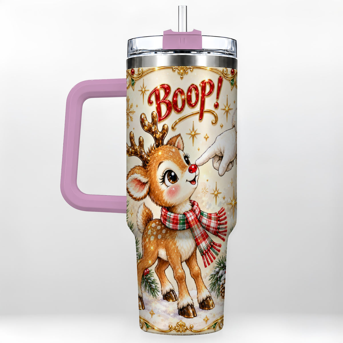#pl[40oz|Pink] Christmas Reindeer 40oz Tumbler with Handle, Cute Holiday Travel Cup