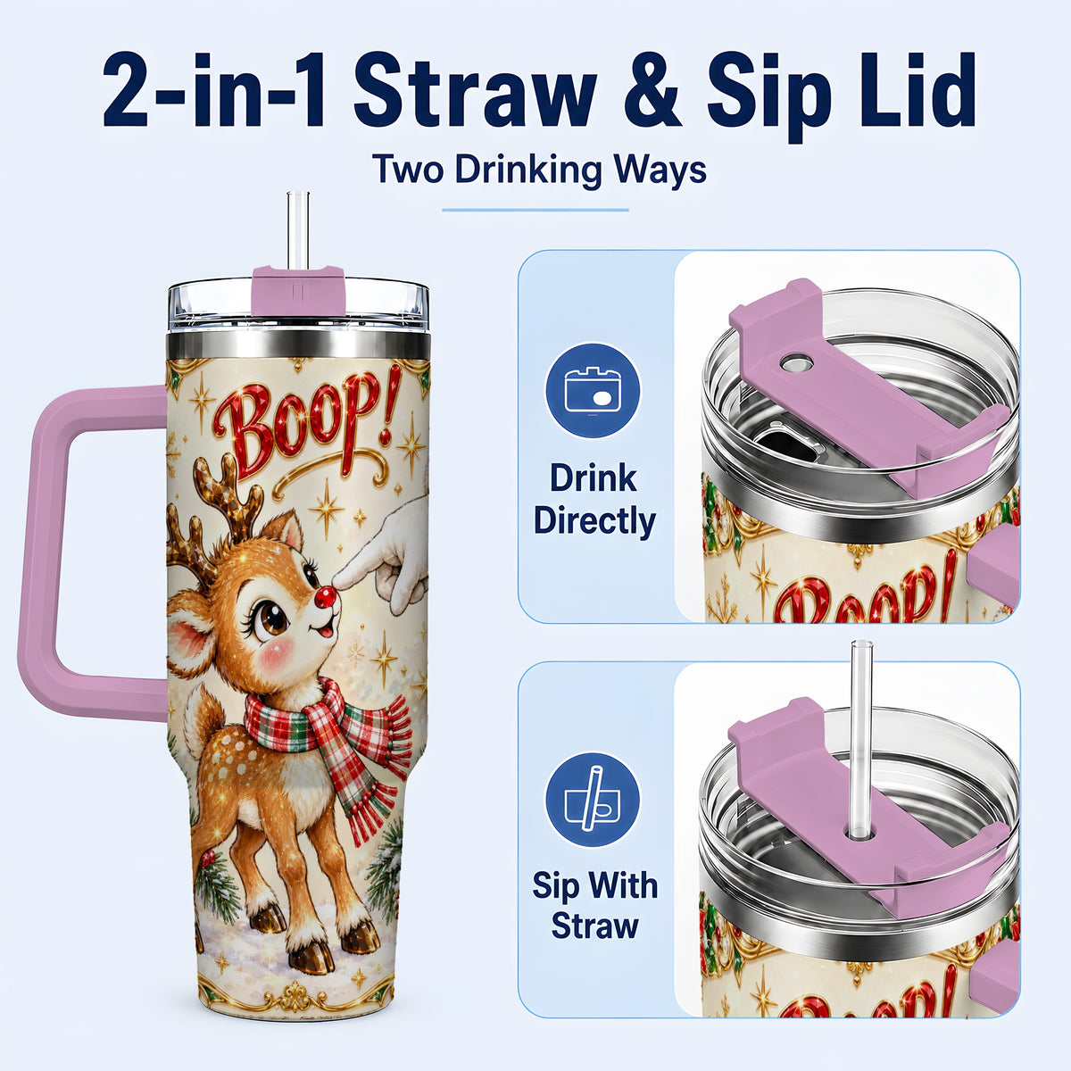 #pl[40oz|Pink] Christmas Reindeer 40oz Tumbler with Handle, Cute Holiday Travel Cup