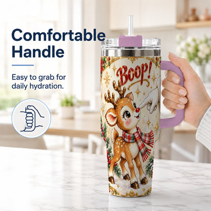 #pl[40oz|Pink] Christmas Reindeer 40oz Tumbler with Handle, Cute Holiday Travel Cup