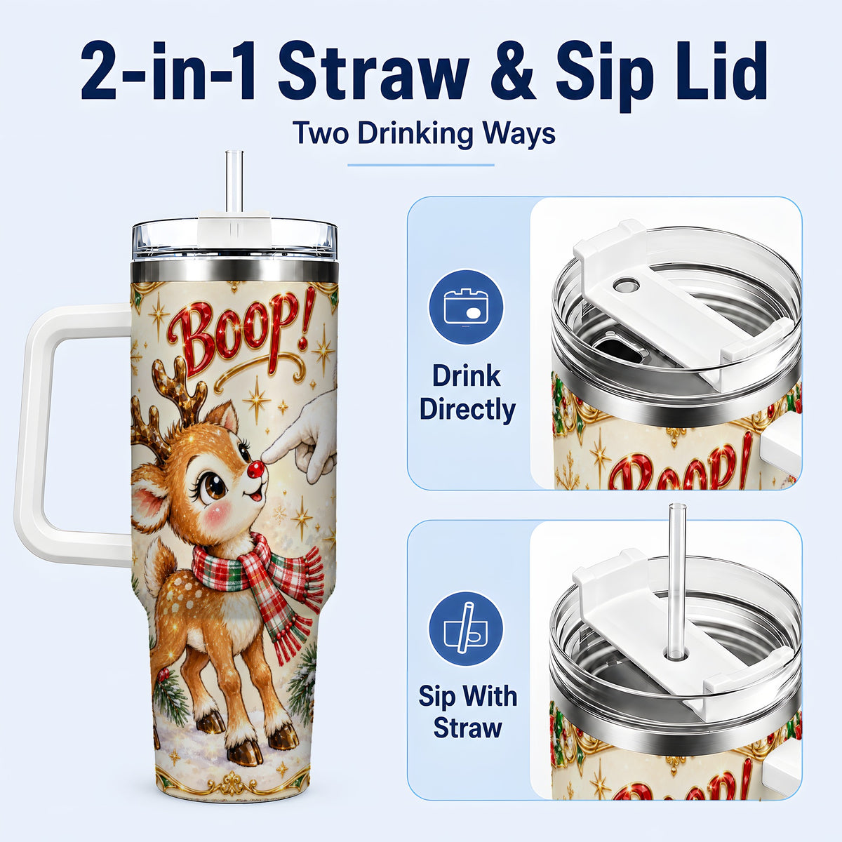 #pl[40oz|White] Christmas Reindeer 40oz Tumbler with Handle, Cute Holiday Travel Cup
