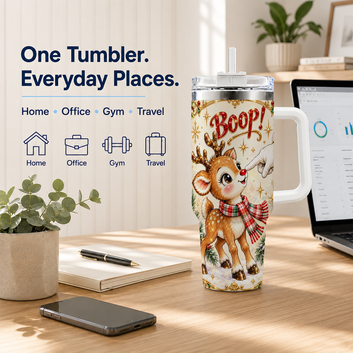 Christmas Reindeer 40oz Tumbler with Handle, Cute Holiday Travel Cup