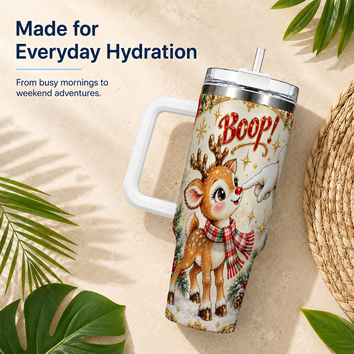 Christmas Reindeer 40oz Tumbler with Handle, Cute Holiday Travel Cup