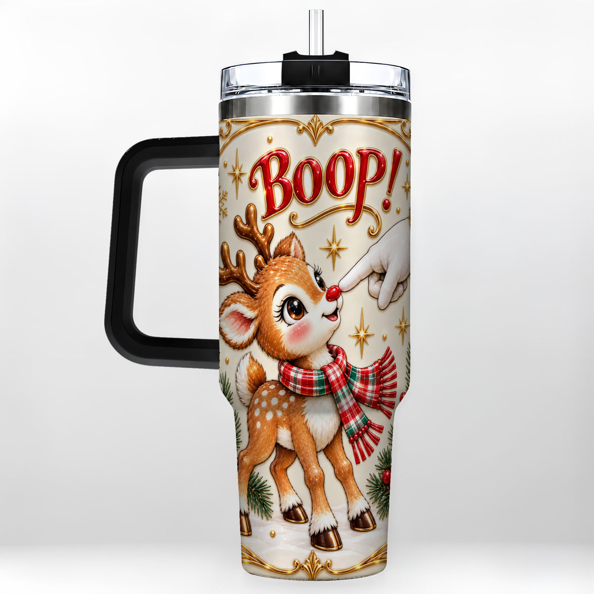 #pl[40oz|Black] Cute Reindeer 40oz Tumbler with Handle, Christmas Deer Travel Cup