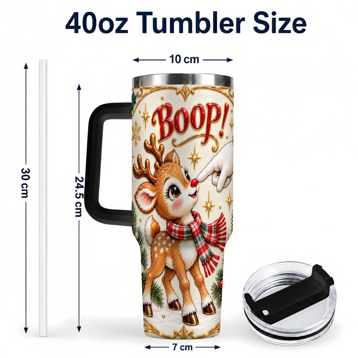 #pl[40oz|Black] Cute Reindeer 40oz Tumbler with Handle, Christmas Deer Travel Cup