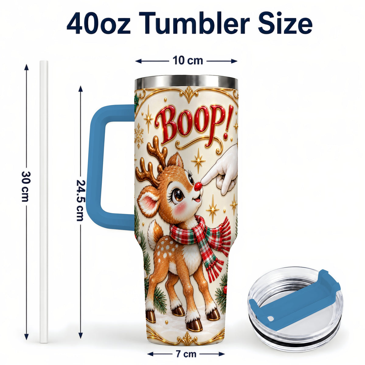 #pl[40oz|Blue] Cute Reindeer 40oz Tumbler with Handle, Christmas Deer Travel Cup
