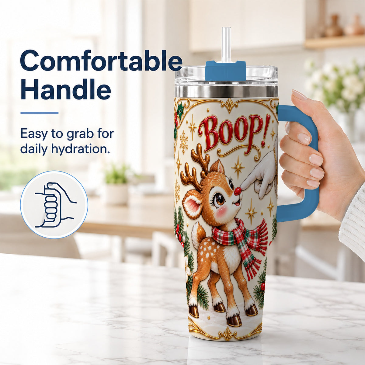 #pl[40oz|Blue] Cute Reindeer 40oz Tumbler with Handle, Christmas Deer Travel Cup