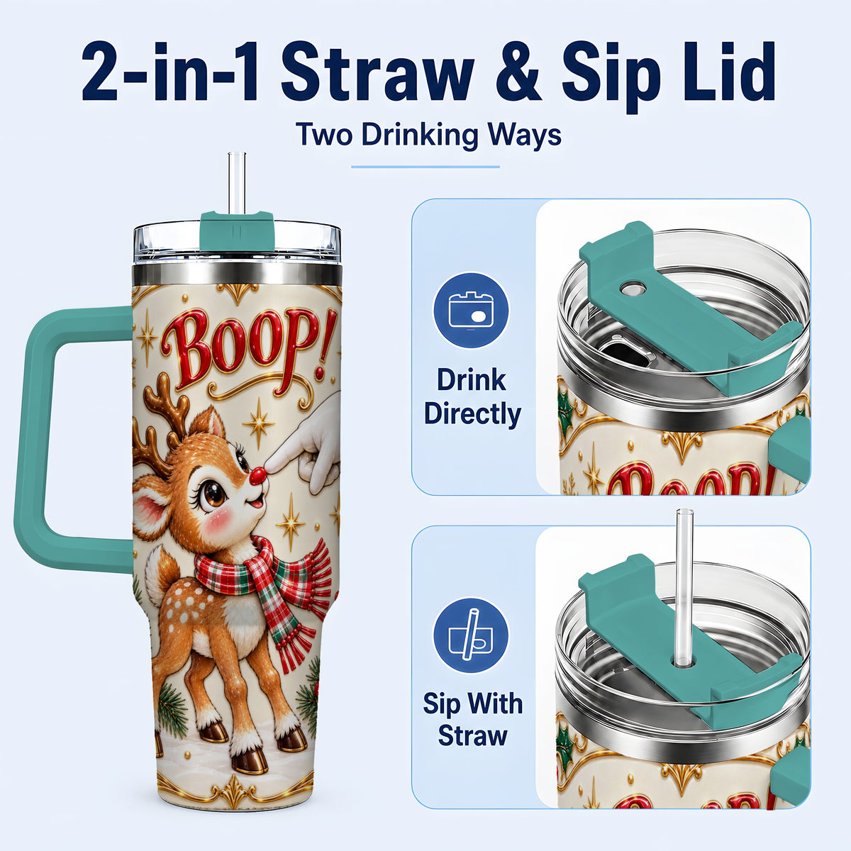 #pl[40oz|Green] Cute Reindeer 40oz Tumbler with Handle, Christmas Deer Travel Cup