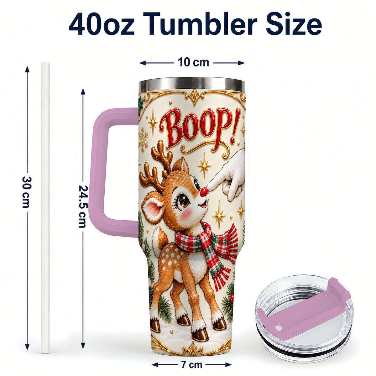 #pl[40oz|Pink] Cute Reindeer 40oz Tumbler with Handle, Christmas Deer Travel Cup
