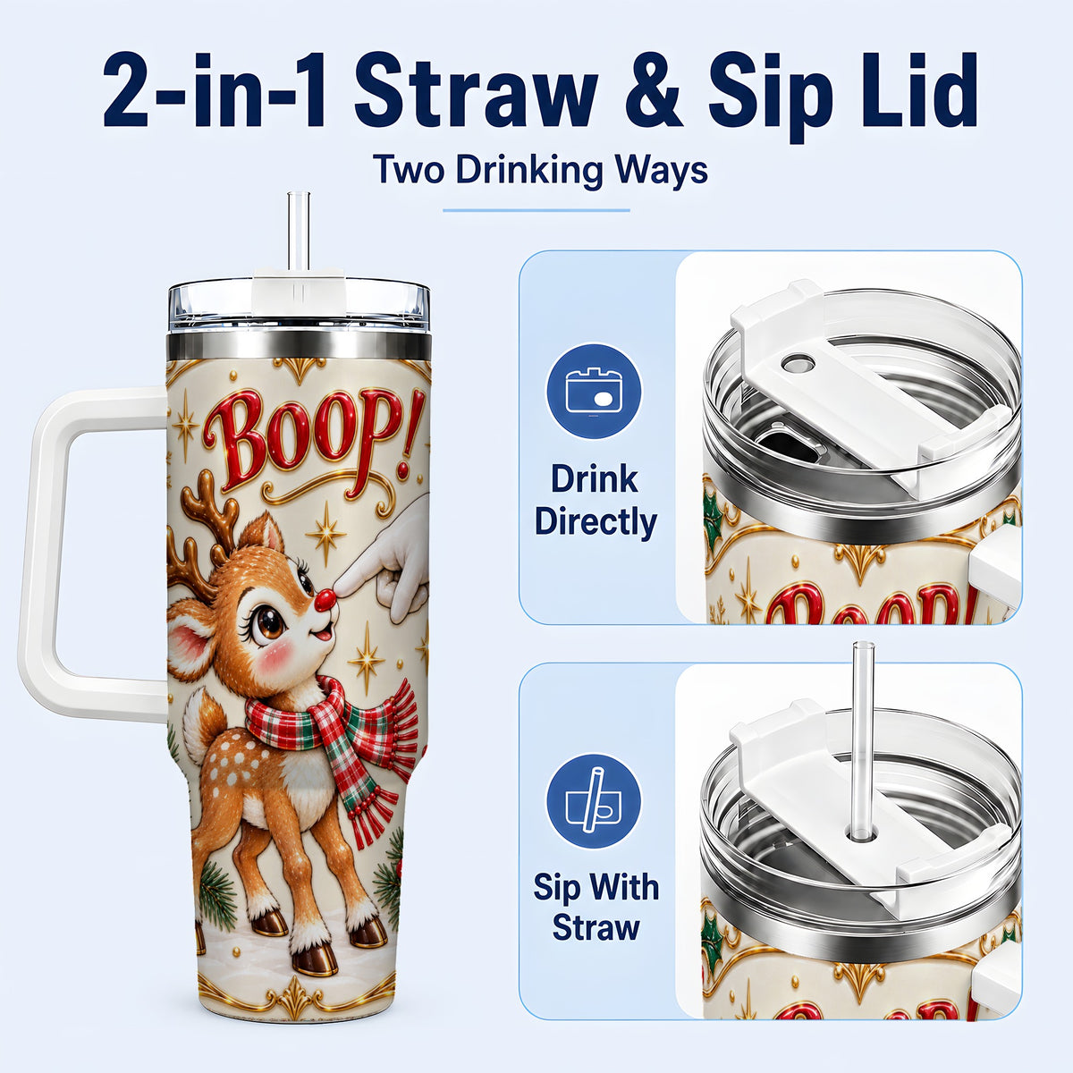 #pl[40oz|White] Cute Reindeer 40oz Tumbler with Handle, Christmas Deer Travel Cup