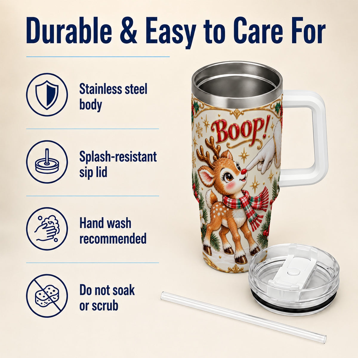 Cute Reindeer 40oz Tumbler with Handle, Christmas Deer Travel Cup