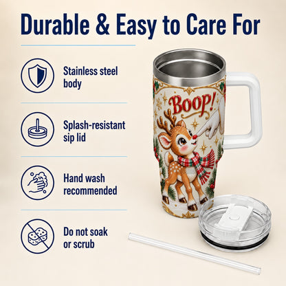 Cute Reindeer 40oz Tumbler with Handle, Christmas Deer Travel Cup