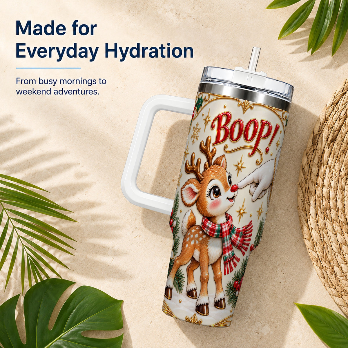 Cute Reindeer 40oz Tumbler with Handle, Christmas Deer Travel Cup