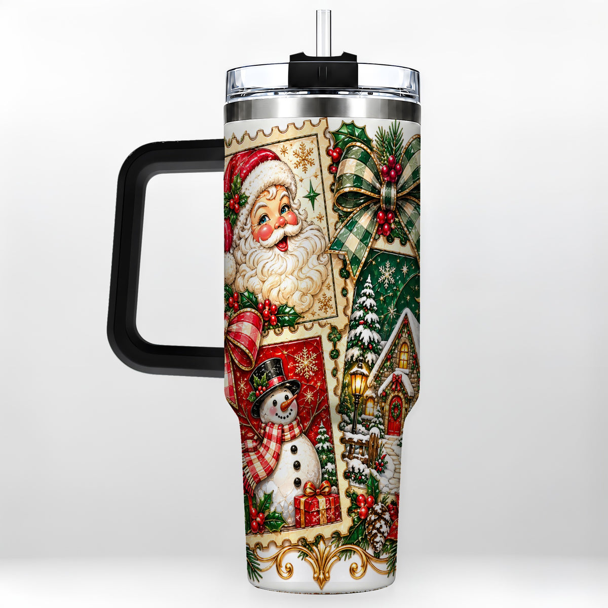#pl[40oz|Black] Santa Snowman Christmas 40oz Tumbler with Handle, Holiday Travel Cup