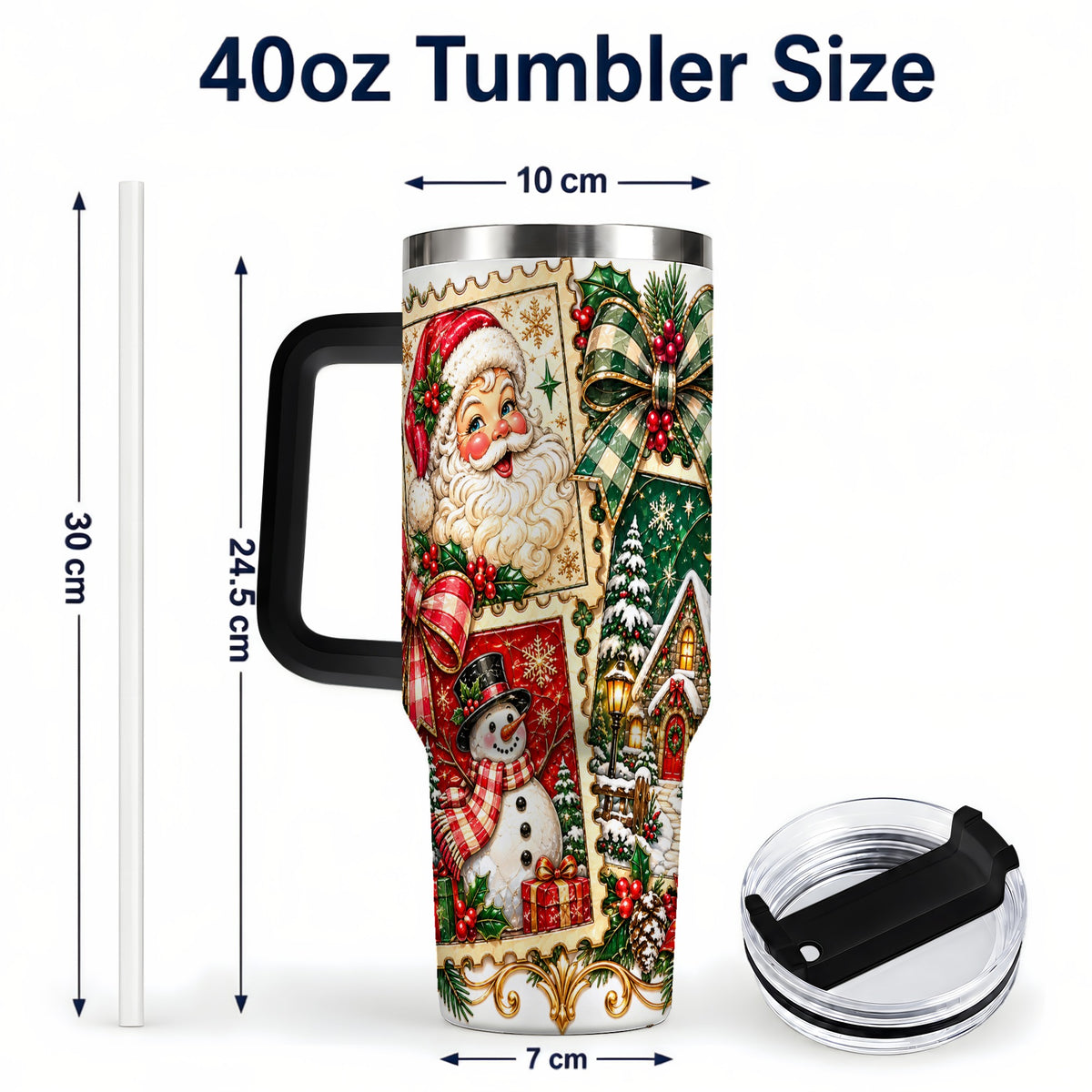 #pl[40oz|Black] Santa Snowman Christmas 40oz Tumbler with Handle, Holiday Travel Cup