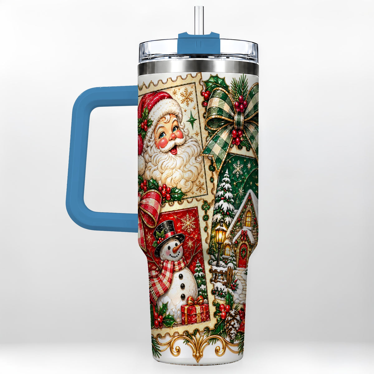 #pl[40oz|Blue] Santa Snowman Christmas 40oz Tumbler with Handle, Holiday Travel Cup