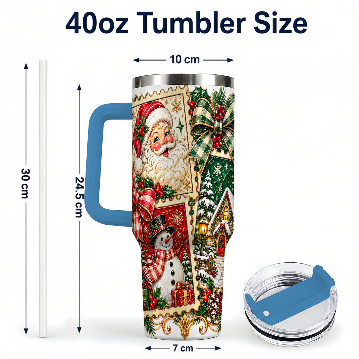 #pl[40oz|Blue] Santa Snowman Christmas 40oz Tumbler with Handle, Holiday Travel Cup