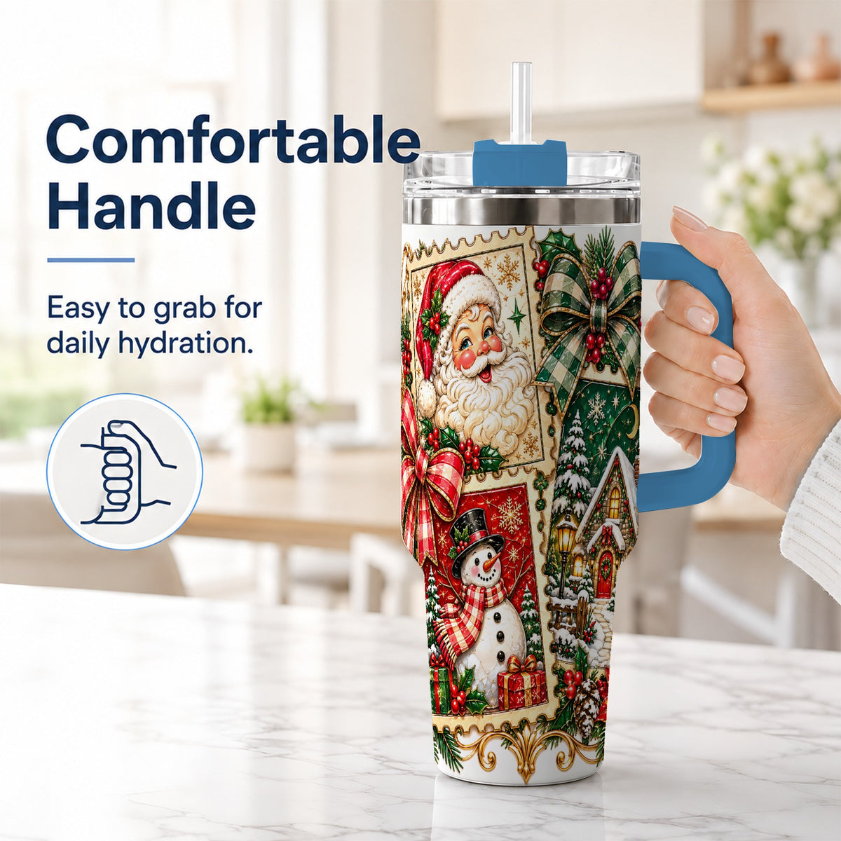 #pl[40oz|Blue] Santa Snowman Christmas 40oz Tumbler with Handle, Holiday Travel Cup