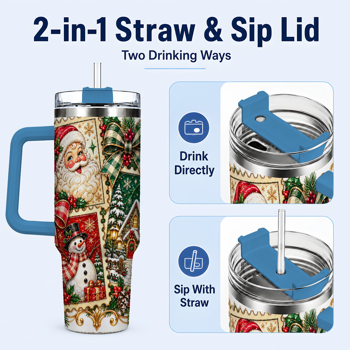 #pl[40oz|Blue] Santa Snowman Christmas 40oz Tumbler with Handle, Holiday Travel Cup