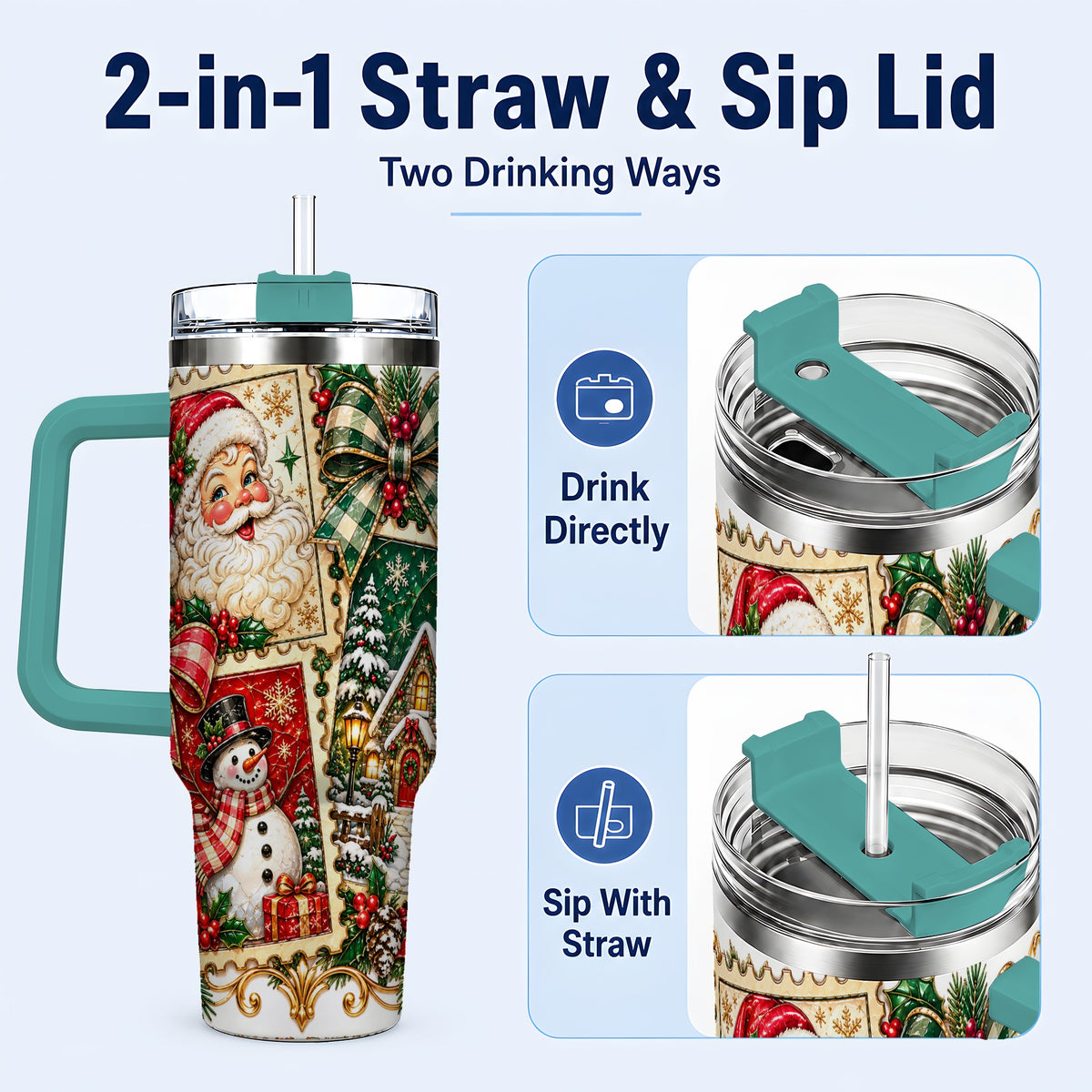 #pl[40oz|Green] Santa Snowman Christmas 40oz Tumbler with Handle, Holiday Travel Cup