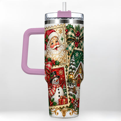 #pl[40oz|Pink] Santa Snowman Christmas 40oz Tumbler with Handle, Holiday Travel Cup