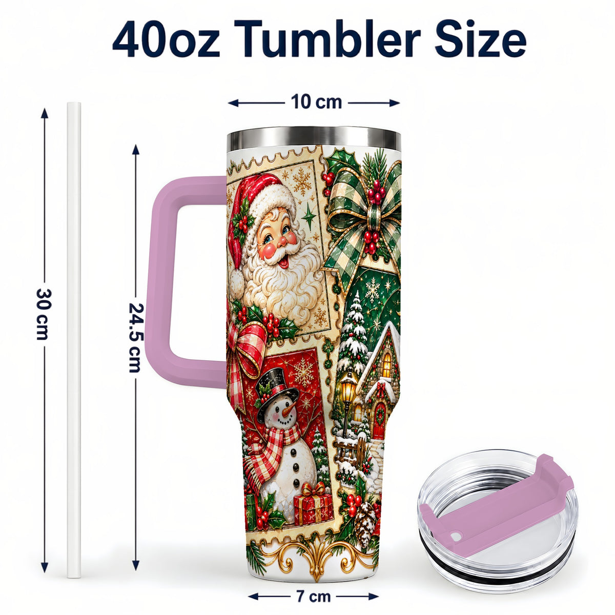 #pl[40oz|Pink] Santa Snowman Christmas 40oz Tumbler with Handle, Holiday Travel Cup