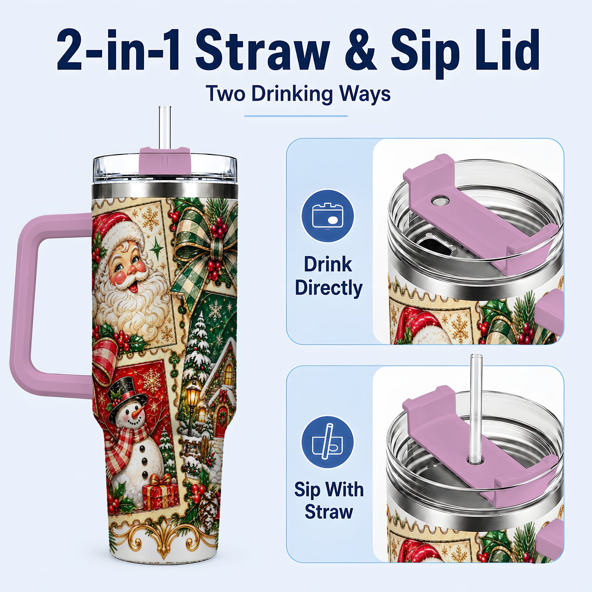#pl[40oz|Pink] Santa Snowman Christmas 40oz Tumbler with Handle, Holiday Travel Cup