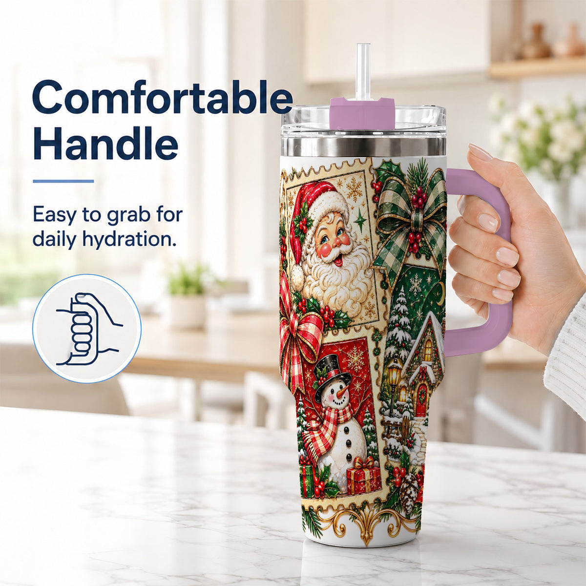 #pl[40oz|Pink] Santa Snowman Christmas 40oz Tumbler with Handle, Holiday Travel Cup