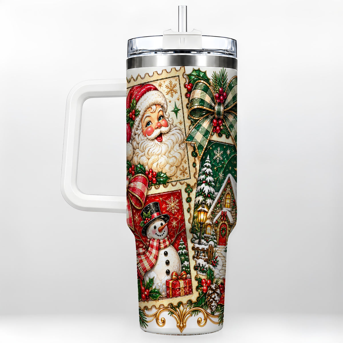 Santa Snowman Christmas 40oz Tumbler with Handle, Holiday Travel Cup
