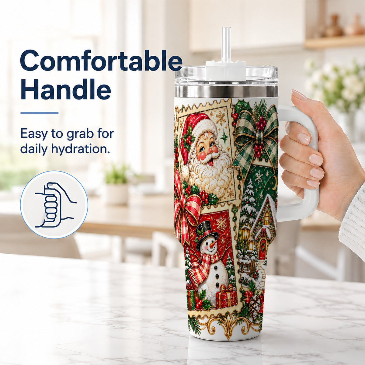 #pl[40oz|White] Santa Snowman Christmas 40oz Tumbler with Handle, Holiday Travel Cup