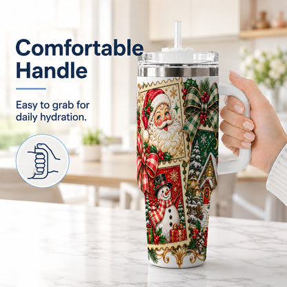 #pl[40oz|White] Santa Snowman Christmas 40oz Tumbler with Handle, Holiday Travel Cup