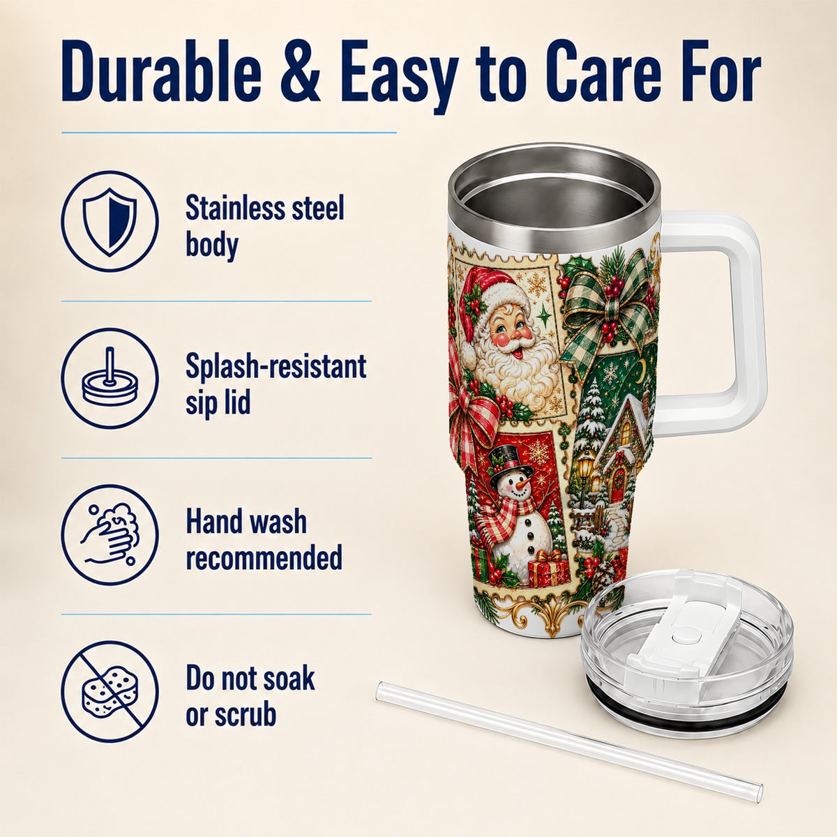 Santa Snowman Christmas 40oz Tumbler with Handle, Holiday Travel Cup