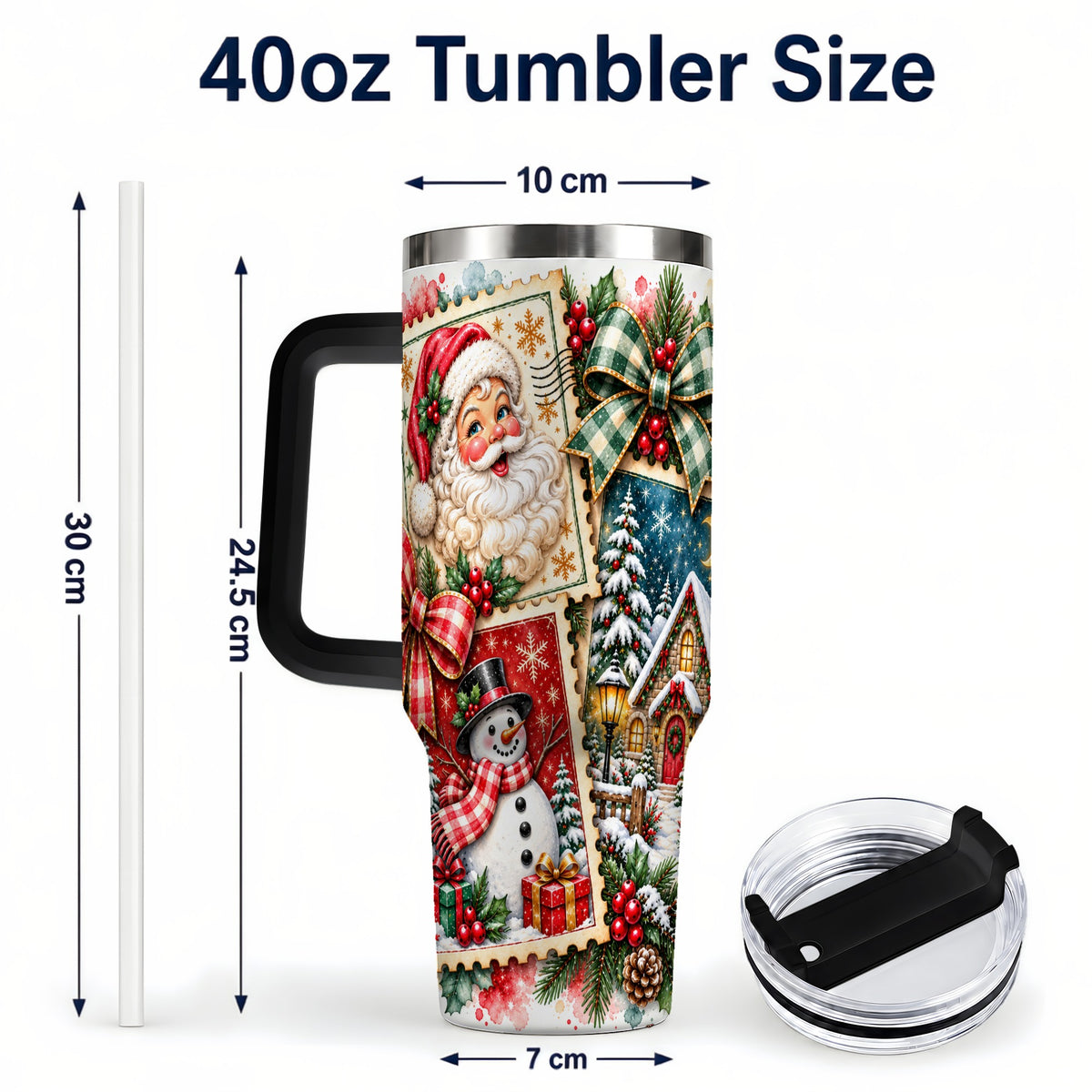 #pl[40oz|Black] Santa Snowman 40oz Tumbler with Handle, Christmas Holiday Travel Cup