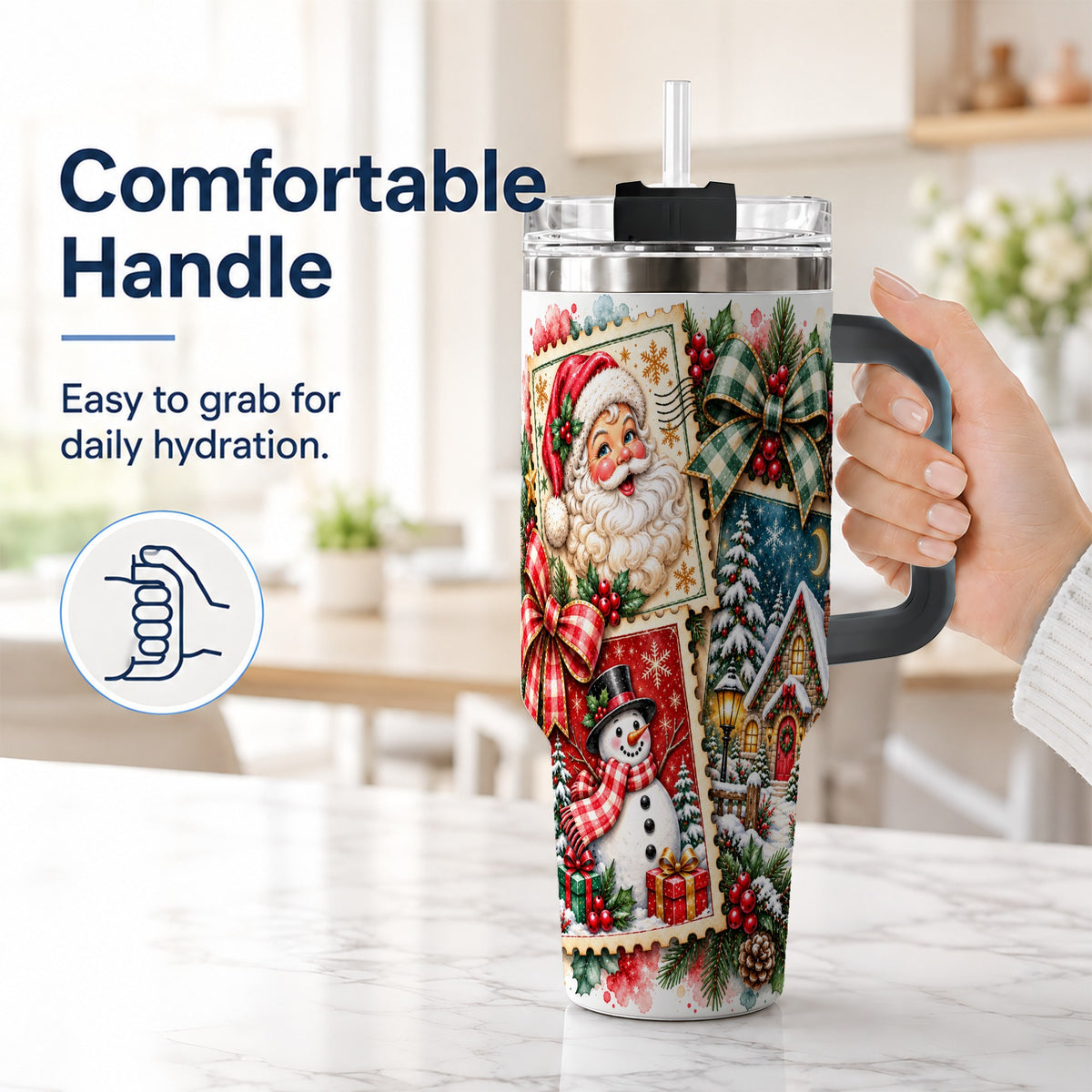 #pl[40oz|Black] Santa Snowman 40oz Tumbler with Handle, Christmas Holiday Travel Cup